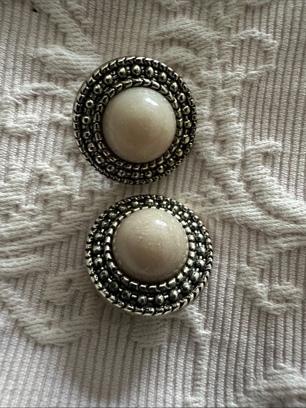 Vintage-Inspired White Cabochon clip on Earrings with Silver Detailing